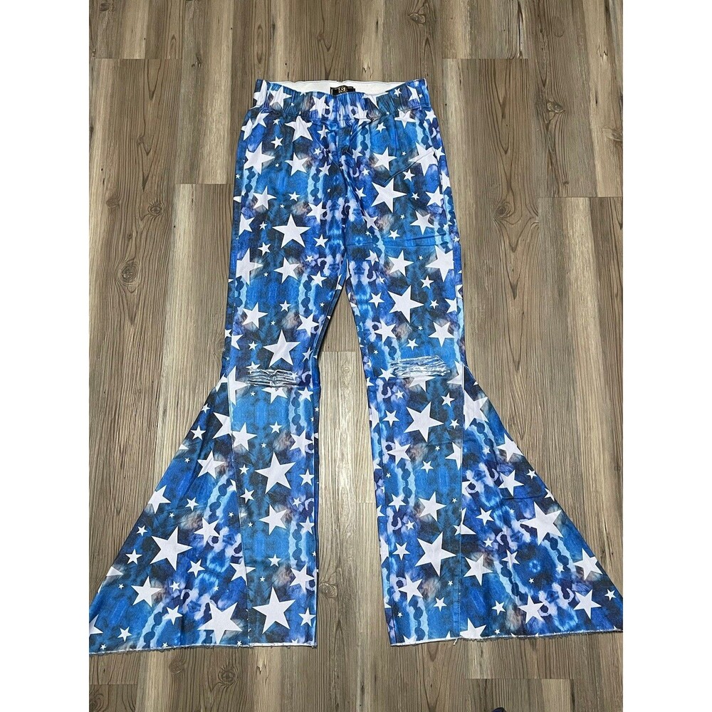 Lucky & Blessed Womens Size M Blue Tie Dye Stars Flare Leg Bellbottom Pants